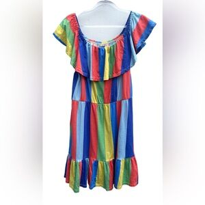 ASOS Tiered Dress Women 10 Rainbow Colorful Off Shoulder Ruffle 100% Cotton MIDI